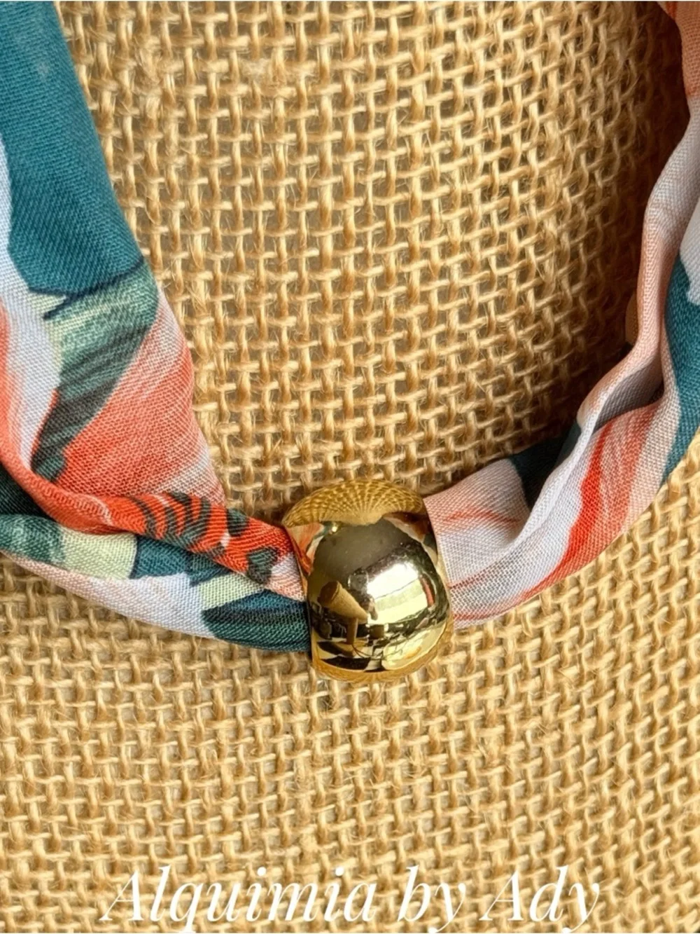 Floral Scarf Necklace with Gold ring Bead - Green & Coral
